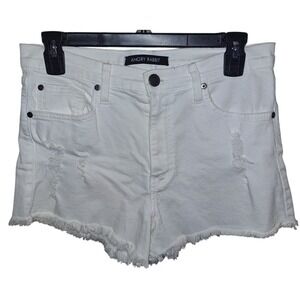 ANGRY RABBIT Womens White Distressed Denim Cutoff Shorts Frayed Hem Size 30
